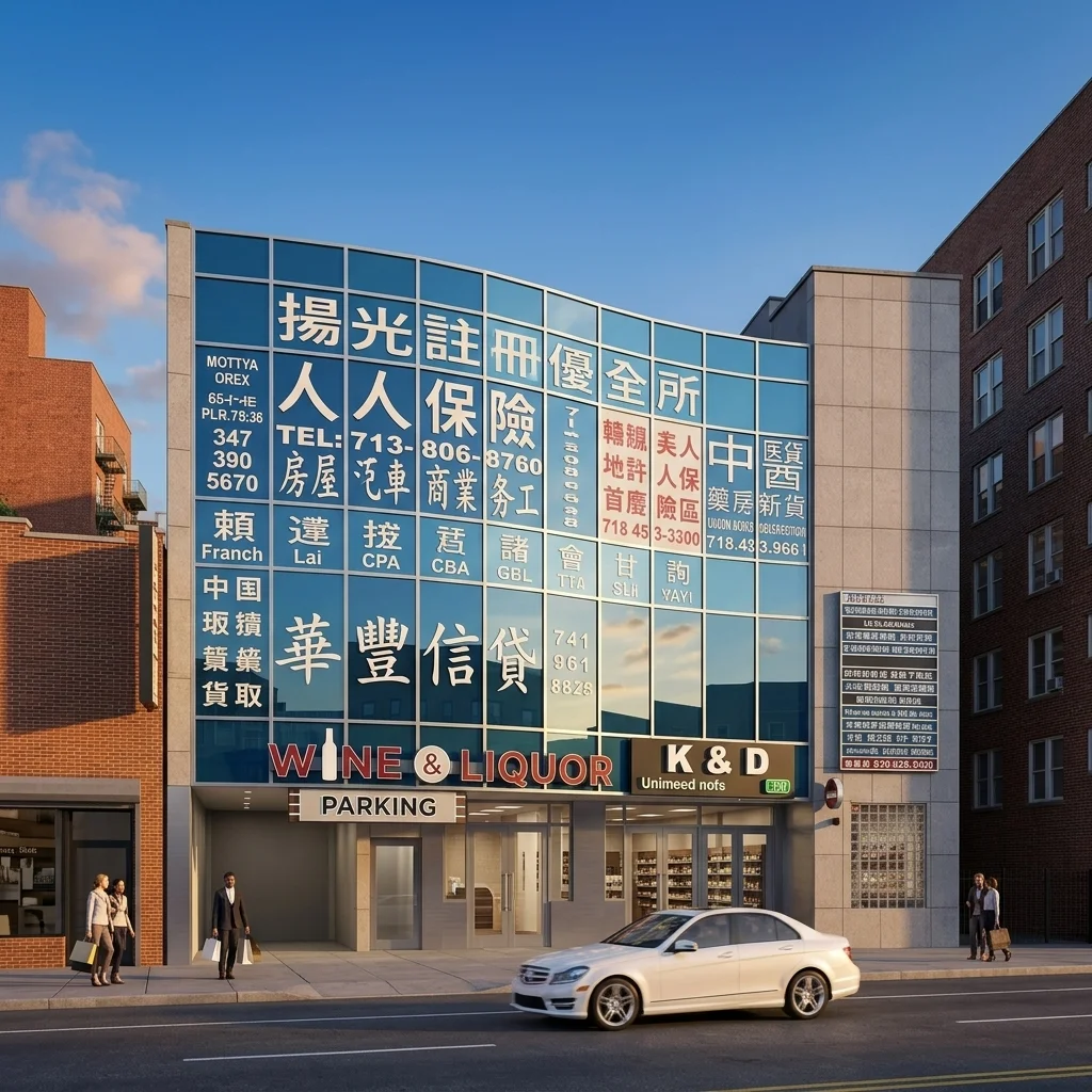 Exterior street view of the Union Plaza building in Downtown Flushing